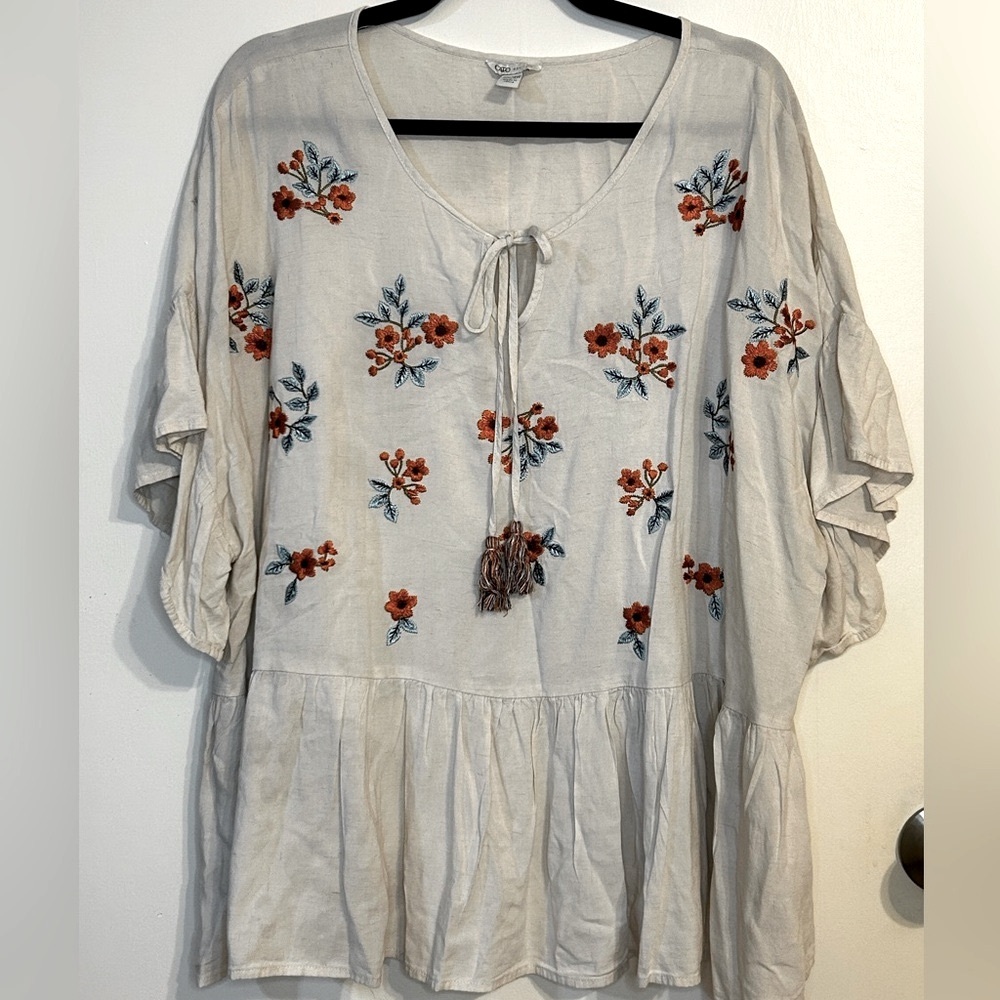 CATO Boho Floral Embroidered Blouse - Cream and Orange